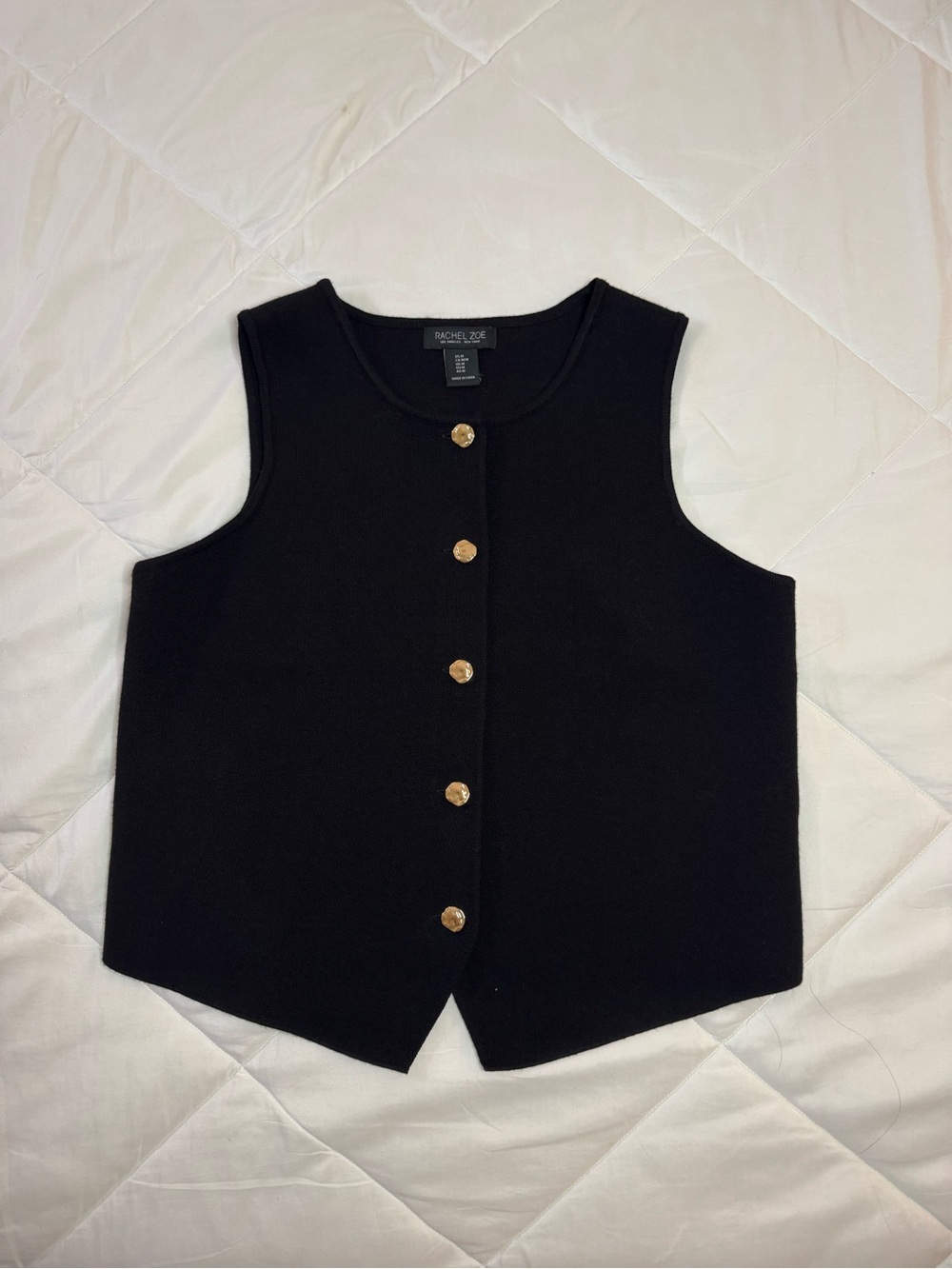 Black Sleeveless Button Front Sweater Vest with Gold Buttons